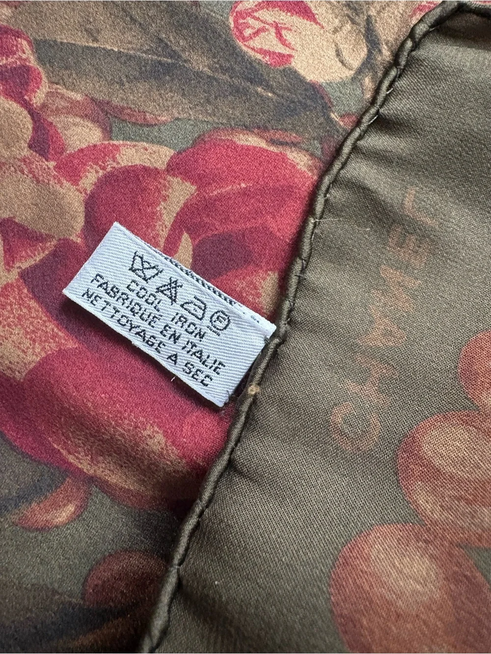 CHANEL Olive Green Scarf with Pink Floral and Pearl Motif - Picture 6 of 7